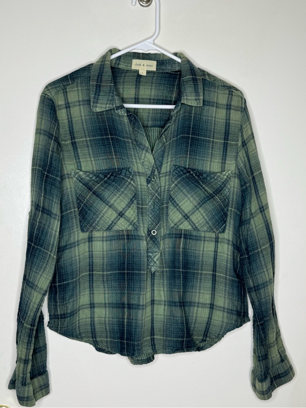 Anthropologie cloth & stone Green Plaid Button-Front Cotton Top